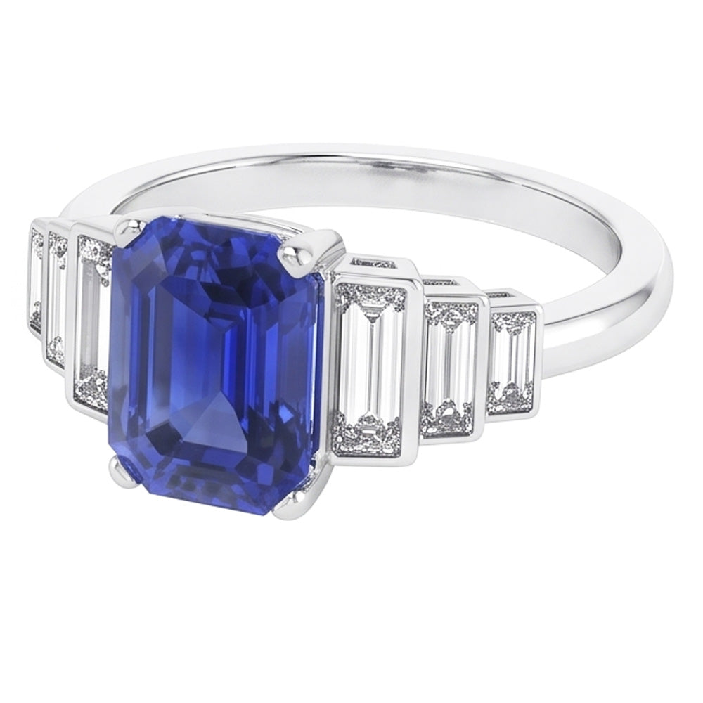 Anello Smeraldo Gemma Zaffiro Ceylon & Diamanti Naturali Autentici ( non creati in laboratorio ) Baguette 2.50 Carati