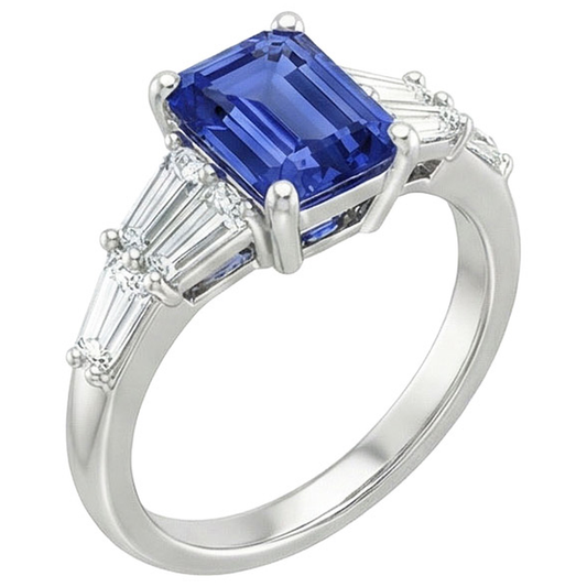 Anello Solitario Accenti Baguette & Smeraldo Zaffiro Ceylon 4 Carati