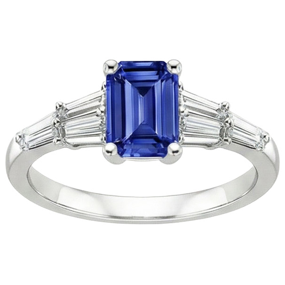 Anello Solitario Accenti Baguette & Smeraldo Zaffiro Ceylon 4 Carati
