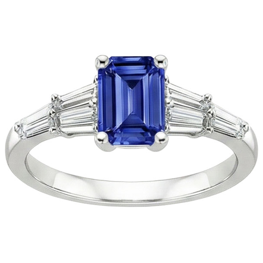 Anello Solitario Accenti Baguette & Smeraldo Zaffiro Ceylon 4 Carati