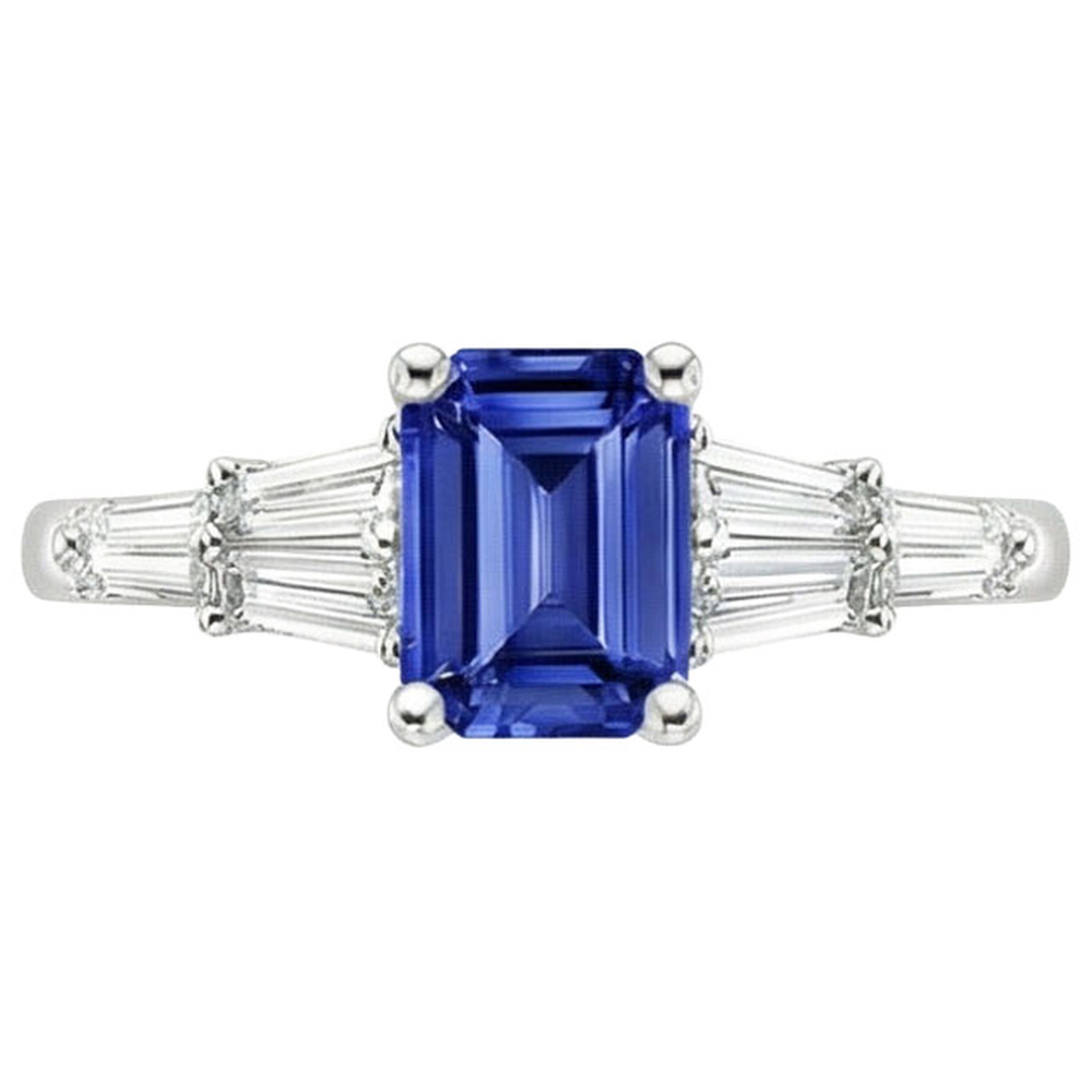 Anello Solitario Accenti Baguette & Smeraldo Zaffiro Ceylon 4 Carati