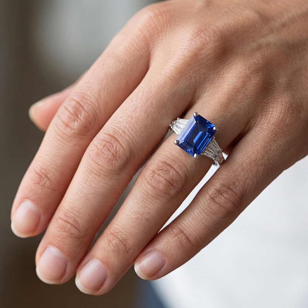 Anello Solitario Accenti Baguette & Smeraldo Zaffiro Ceylon 4 Carati