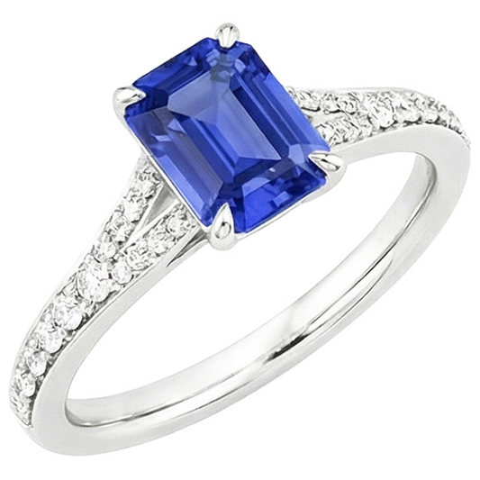 Anello Solitario Accenti Oro Bianco Zaffiro Blu & Diamante 4 Carati