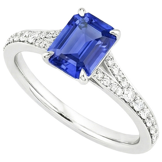 Anello Solitario Accenti Oro Bianco Zaffiro Blu & Diamante 4 Carati