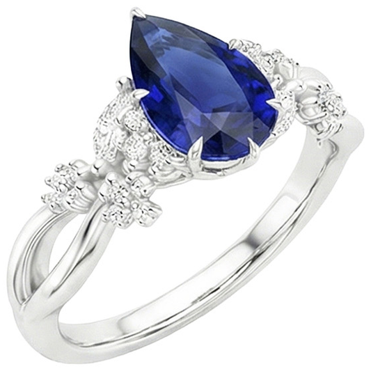 Anello Solitario Accents con Zaffiro Blu Pera da 3,75 Carati e Diamanti in Oro Bianco 14 Carati