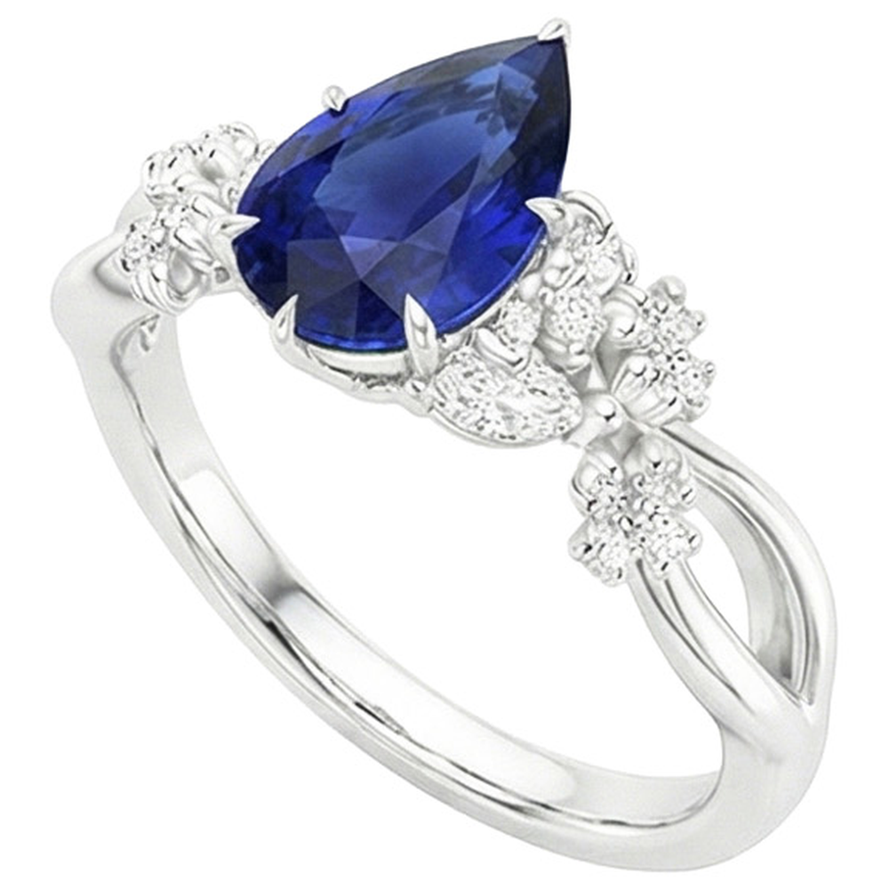 Anello Solitario Accents con Zaffiro Blu Pera da 3,75 Carati e Diamanti in Oro Bianco 14 Carati