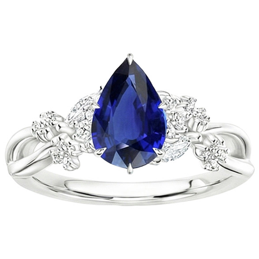 Anello Solitario Accents con Zaffiro Blu Pera da 3,75 Carati e Diamanti in Oro Bianco 14 Carati