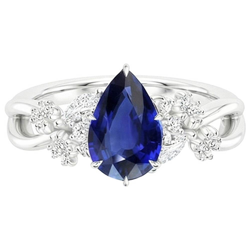 Anello Solitario Accents con Zaffiro Blu Pera da 3,75 Carati e Diamanti in Oro Bianco 14 Carati
