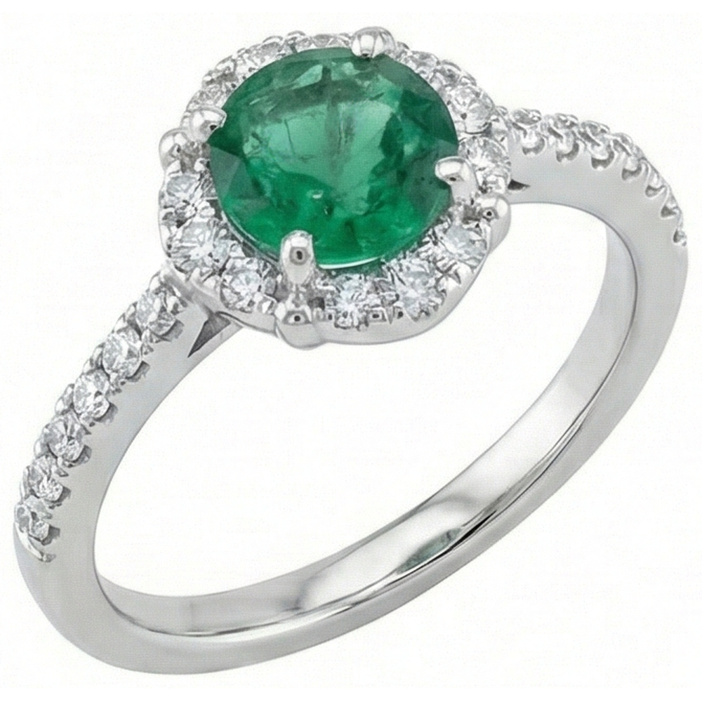 Anello Solitario Con Accenti 3,40 Ct Con Verde Smeraldo E Diamanti Naturali Autentici ( non creati in laboratorio ) Oro Bianco 14K