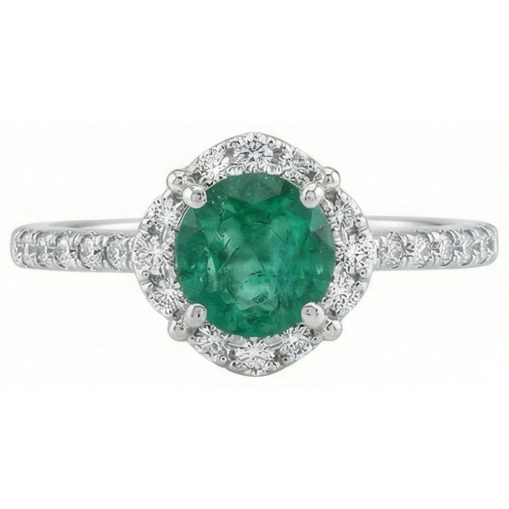 Anello Solitario Con Accenti 3,40 Ct Con Verde Smeraldo E Diamanti Naturali Autentici ( non creati in laboratorio ) Oro Bianco 14K