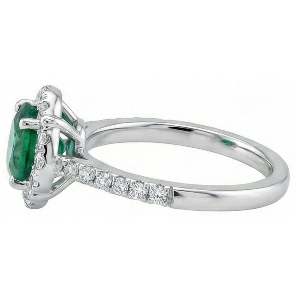 Anello Solitario Con Accenti 3,40 Ct Con Verde Smeraldo E Diamanti Naturali Autentici ( non creati in laboratorio ) Oro Bianco 14K