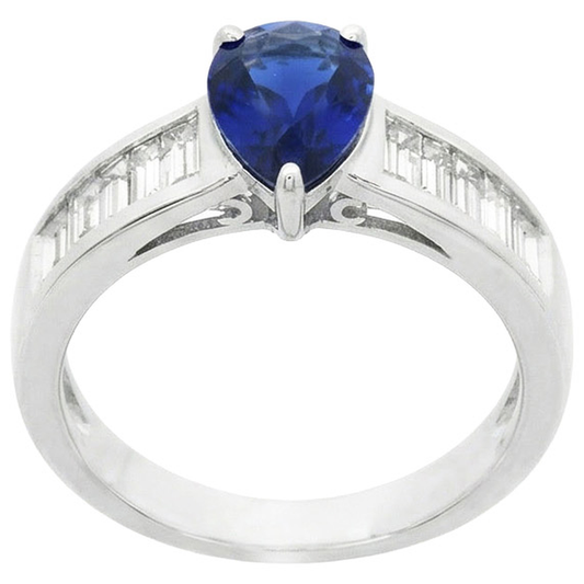 Anello Solitario Con Accenti Diamanti Naturali Autentici ( non creati in laboratorio ) Baguette Zaffiro Blu 3.50 Carati