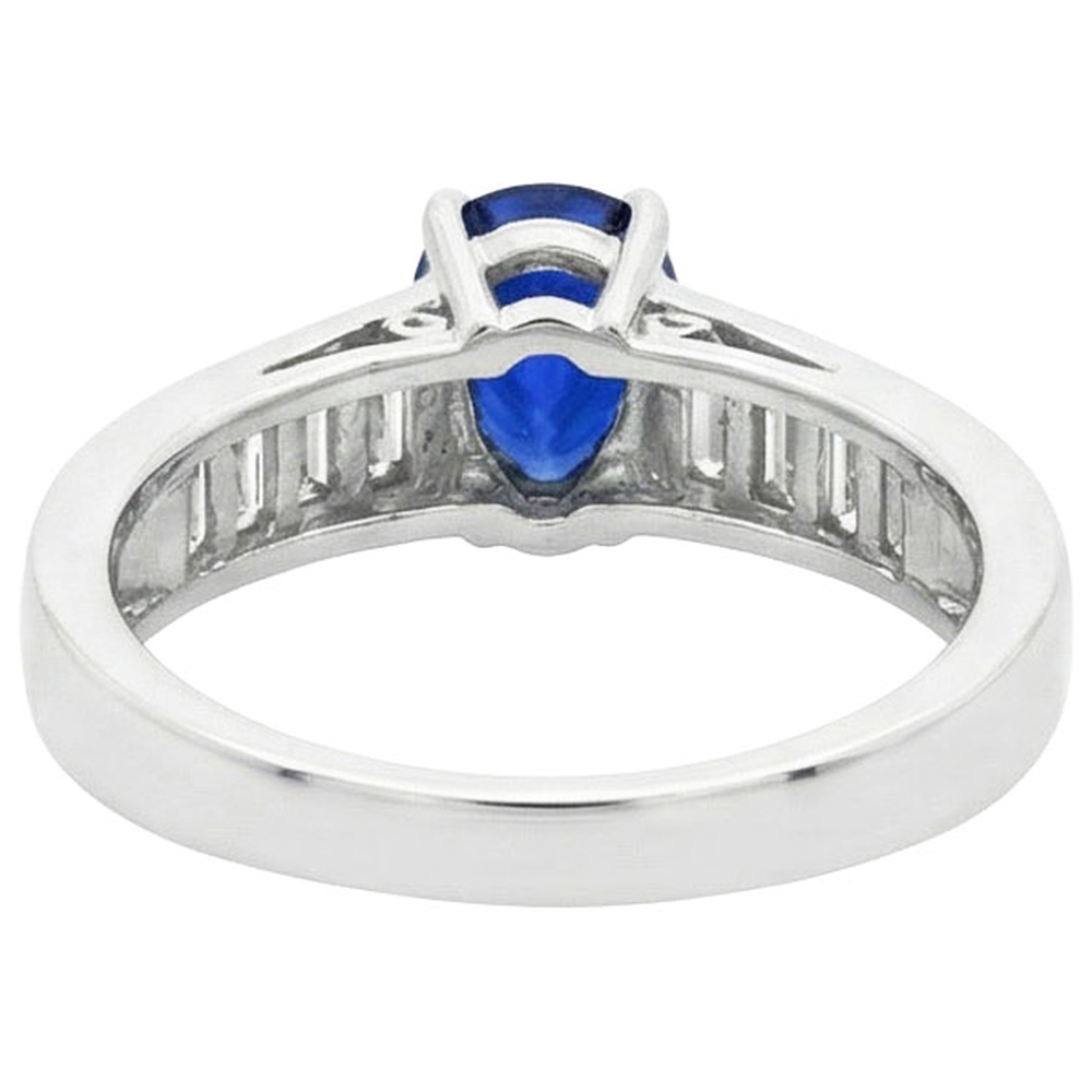 Anello Solitario Con Accenti Diamanti Naturali Autentici ( non creati in laboratorio ) Baguette Zaffiro Blu 3.50 Carati