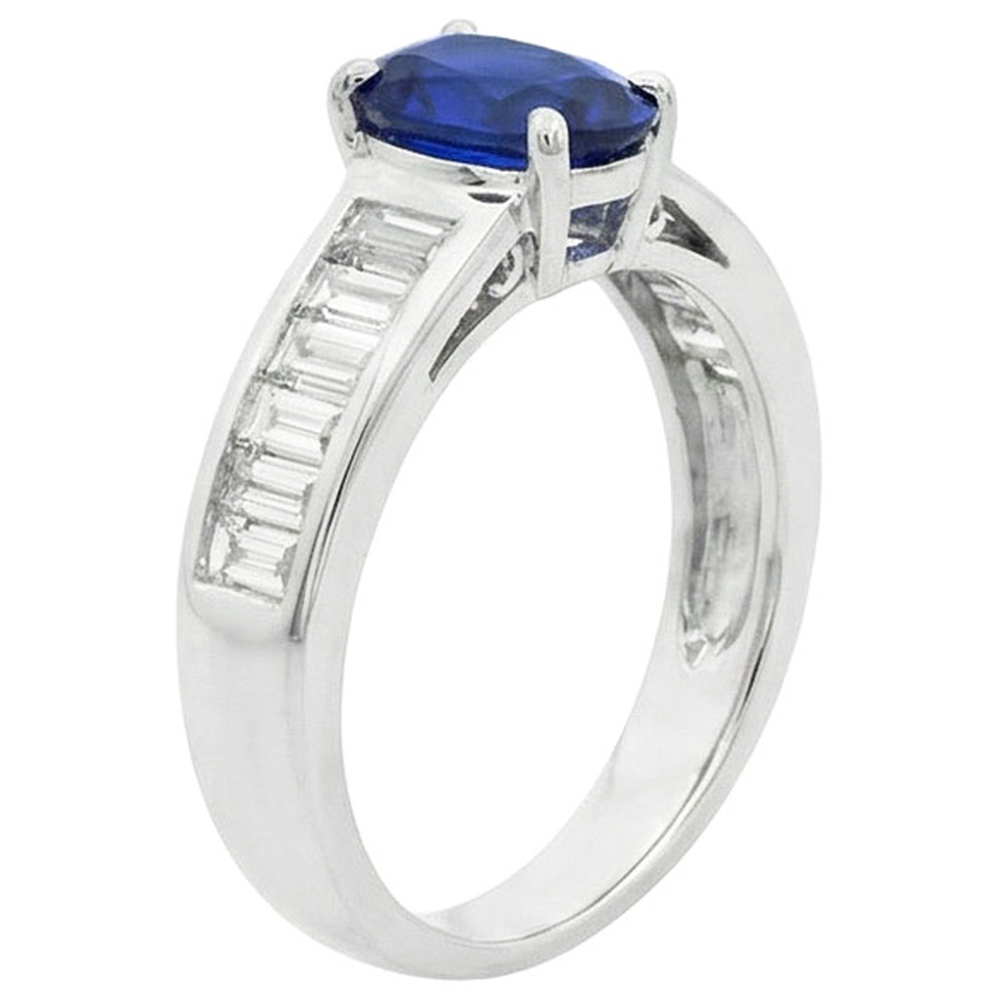 Anello Solitario Con Accenti Diamanti Naturali Autentici ( non creati in laboratorio ) Baguette Zaffiro Blu 3.50 Carati