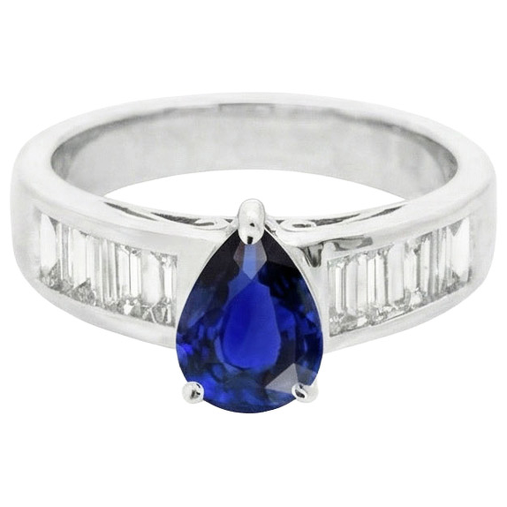 Anello Solitario Con Accenti Diamanti Naturali Autentici ( non creati in laboratorio ) Baguette Zaffiro Blu 3.50 Carati