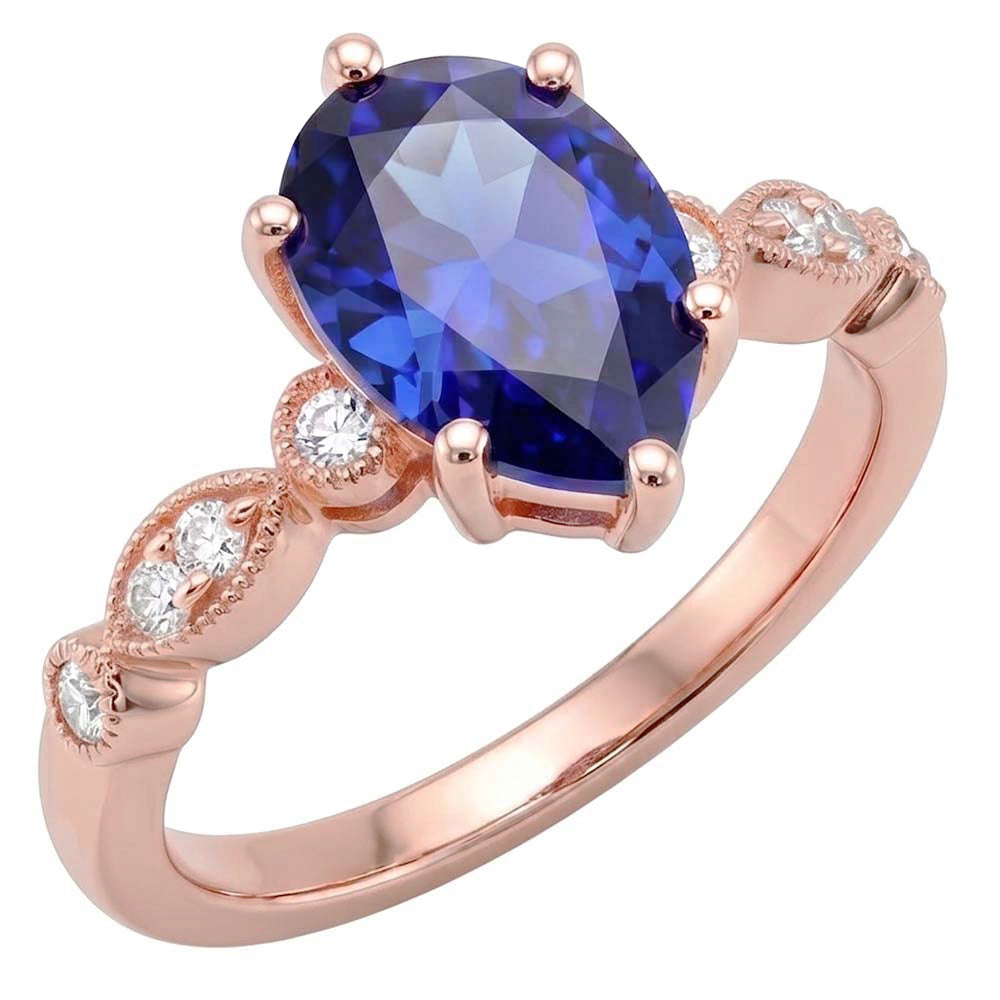 Anello Solitario Con Accenti Pera Zaffiro Blu & Diamanti 3.50 Carati