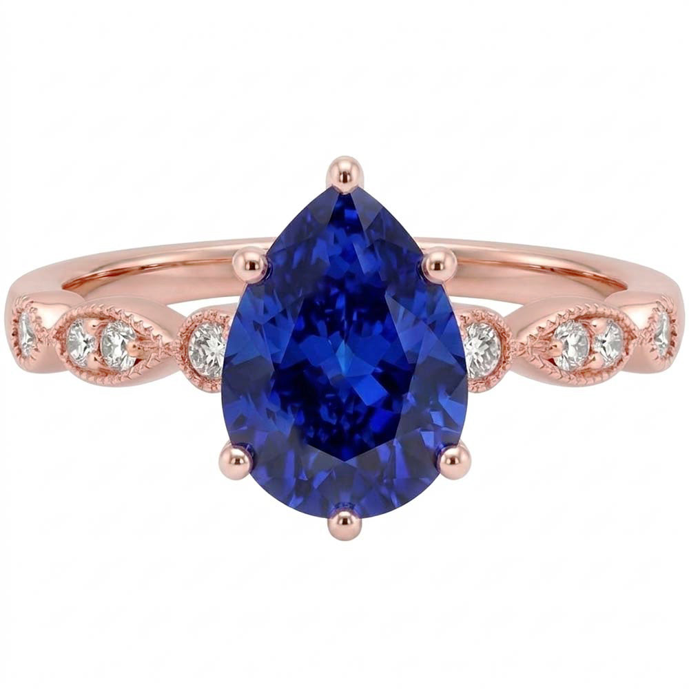 Anello Solitario Con Accenti Pera Zaffiro Blu & Diamanti 3.50 Carati