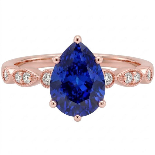Anello Solitario Con Accenti Pera Zaffiro Blu & Diamanti 3.50 Carati