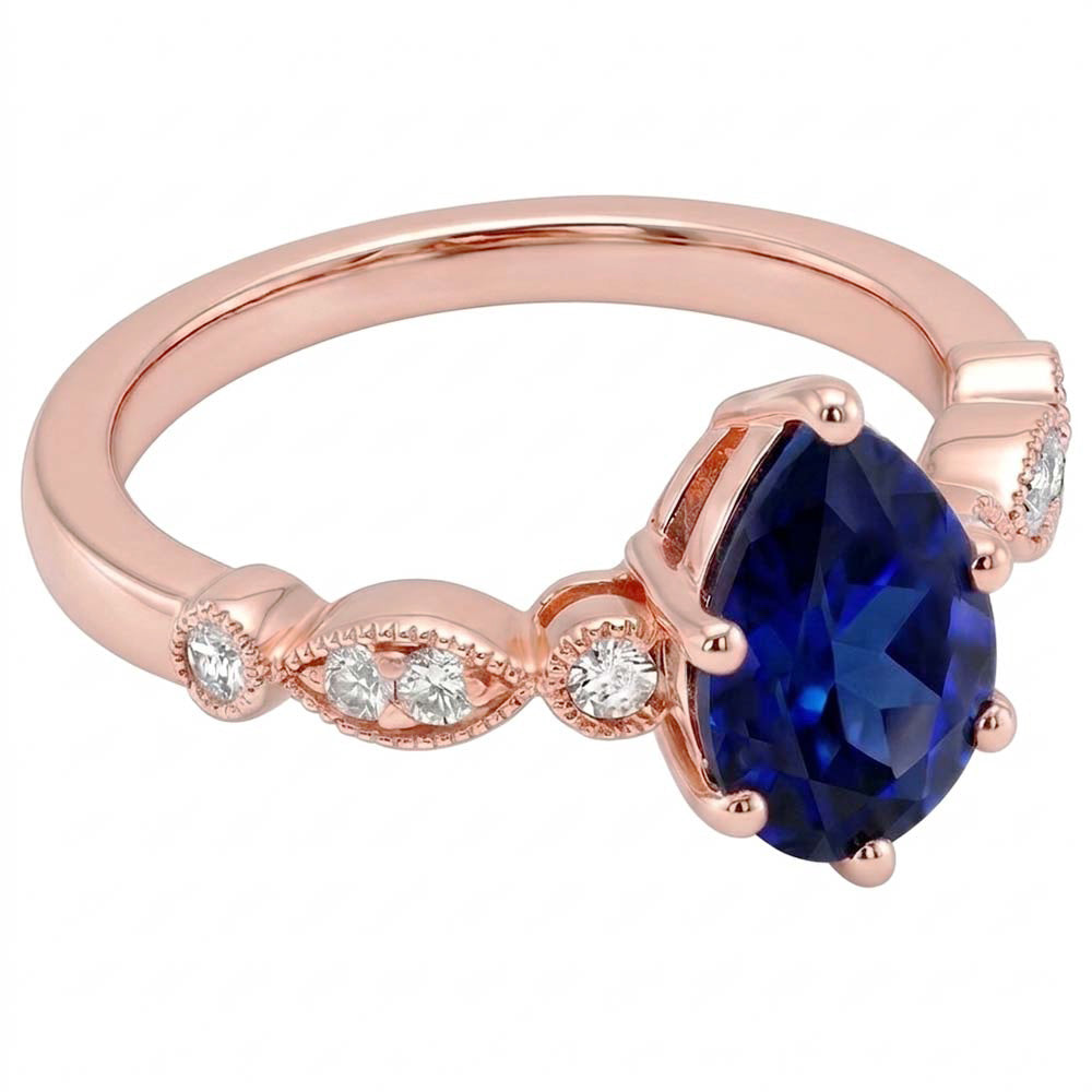 Anello Solitario Con Accenti Pera Zaffiro Blu & Diamanti 3.50 Carati