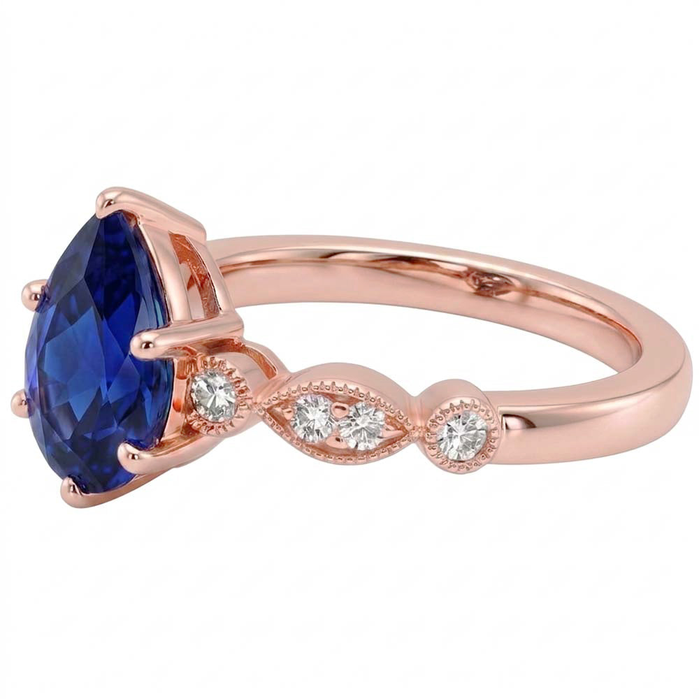 Anello Solitario Con Accenti Pera Zaffiro Blu & Diamanti 3.50 Carati