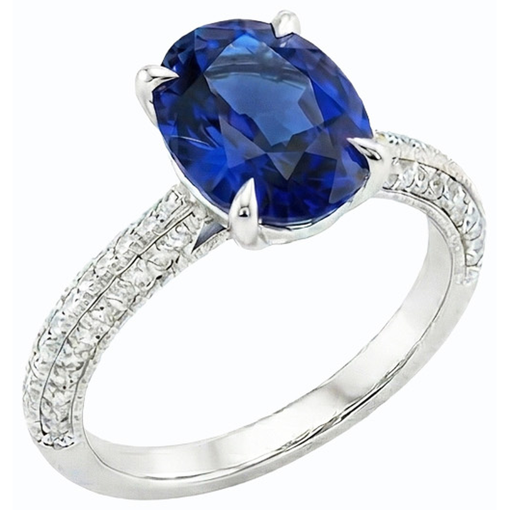 Anello Solitario Con Accenti Zaffiro Blu Ovale & Diamanti Naturali Autentici ( non creati in laboratorio ) 4.50 Carati