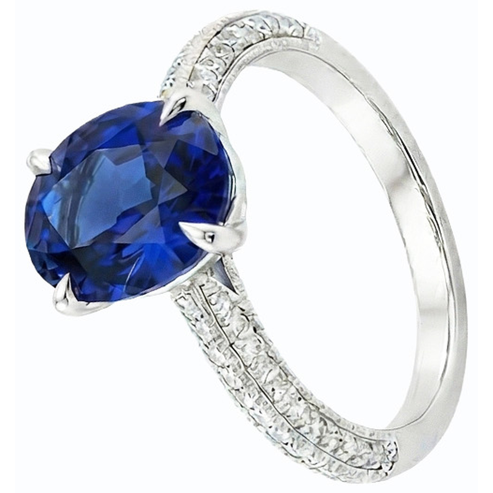 Anello Solitario Con Accenti Zaffiro Blu Ovale & Diamanti Naturali Autentici ( non creati in laboratorio ) 4.50 Carati