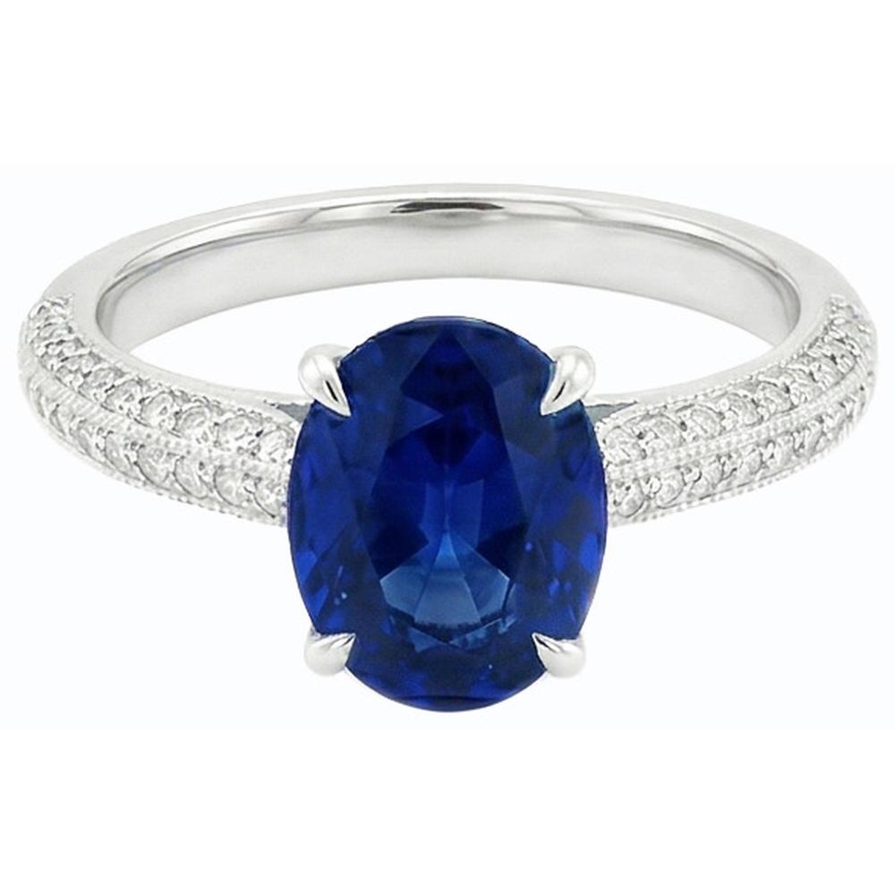 Anello Solitario Con Accenti Zaffiro Blu Ovale & Diamanti Naturali Autentici ( non creati in laboratorio ) 4.50 Carati