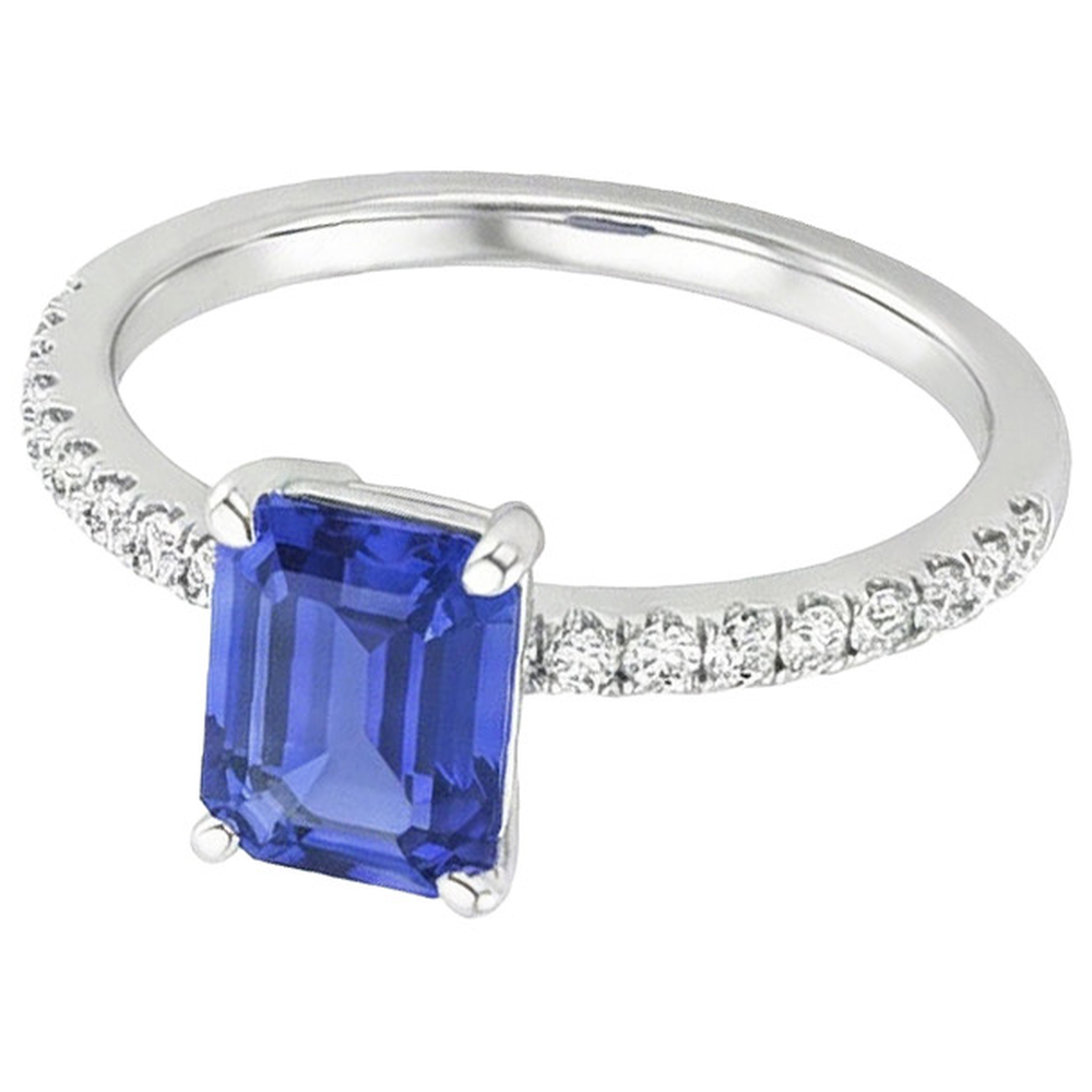 Anello Solitario Con Accenti Zaffiro Blu Smeraldo & Diamanti 4 Carati