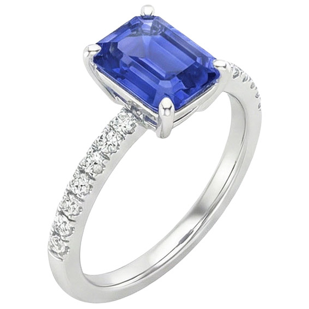 Anello Solitario Con Accenti Zaffiro Blu Smeraldo & Diamanti 4 Carati