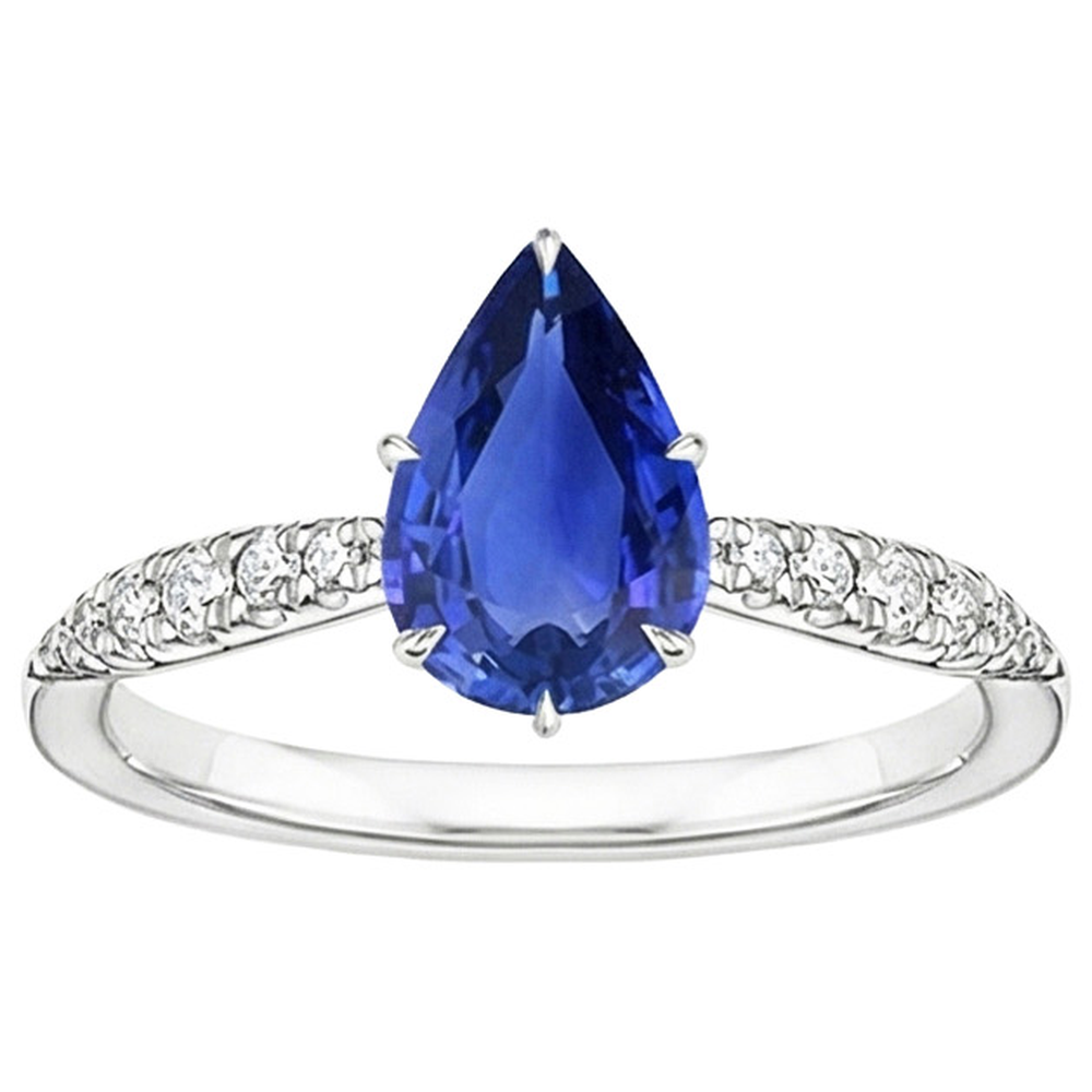 Anello Solitario Con Accenti Zaffiro Blu Taglio Pera & Diamanti 5 Carati