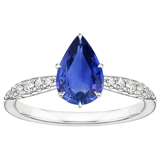 Anello Solitario Con Accenti Zaffiro Blu Taglio Pera & Diamanti 5 Carati
