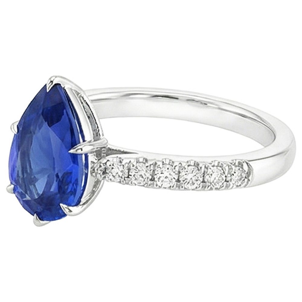 Anello Solitario Con Accenti Zaffiro Blu Taglio Pera & Diamanti 5 Carati