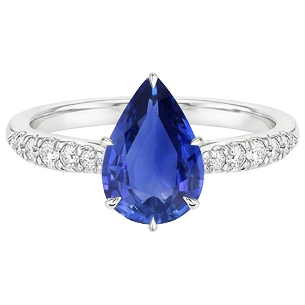 Anello Solitario Con Accenti Zaffiro Blu Taglio Pera & Diamanti 5 Carati
