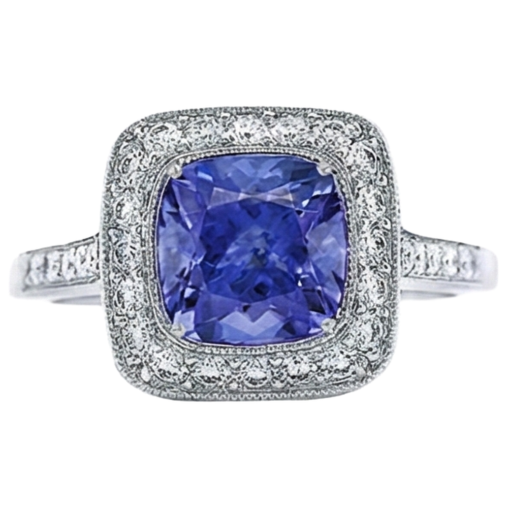 Anello Solitario Con Accento Tanzanite 18 Ct Con Diamanti Oro Bianco