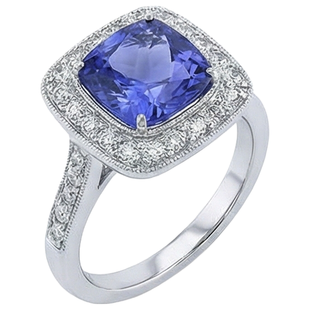 Anello Solitario Con Accento Tanzanite 18 Ct Con Diamanti Oro Bianco