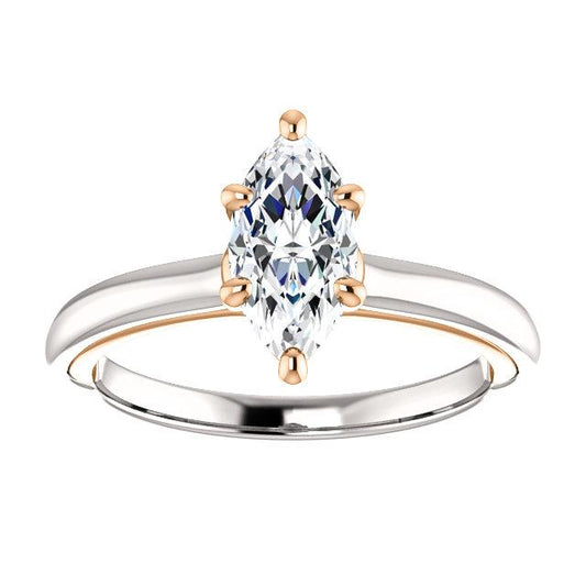 Anello Solitario Con Naturale Diamante. Taglio A Marquise. Gioielli Da Donna Bicolore Da 1 Carato