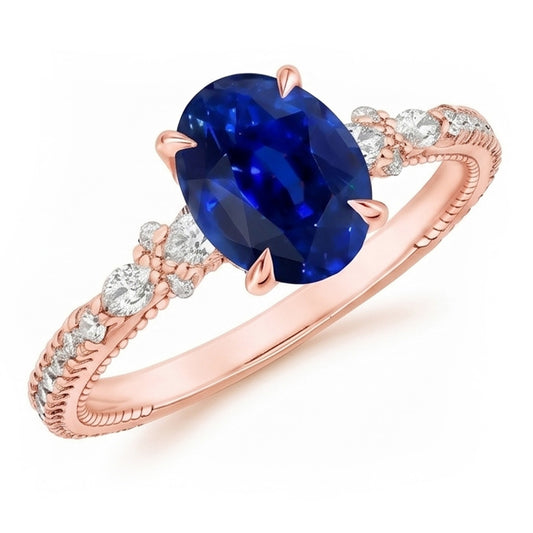 Anello Solitario Con Pera Diamanti Naturali Autentici ( non creati in laboratorio ) Accenti Zaffiro Ceylon Ovale 4 Carati