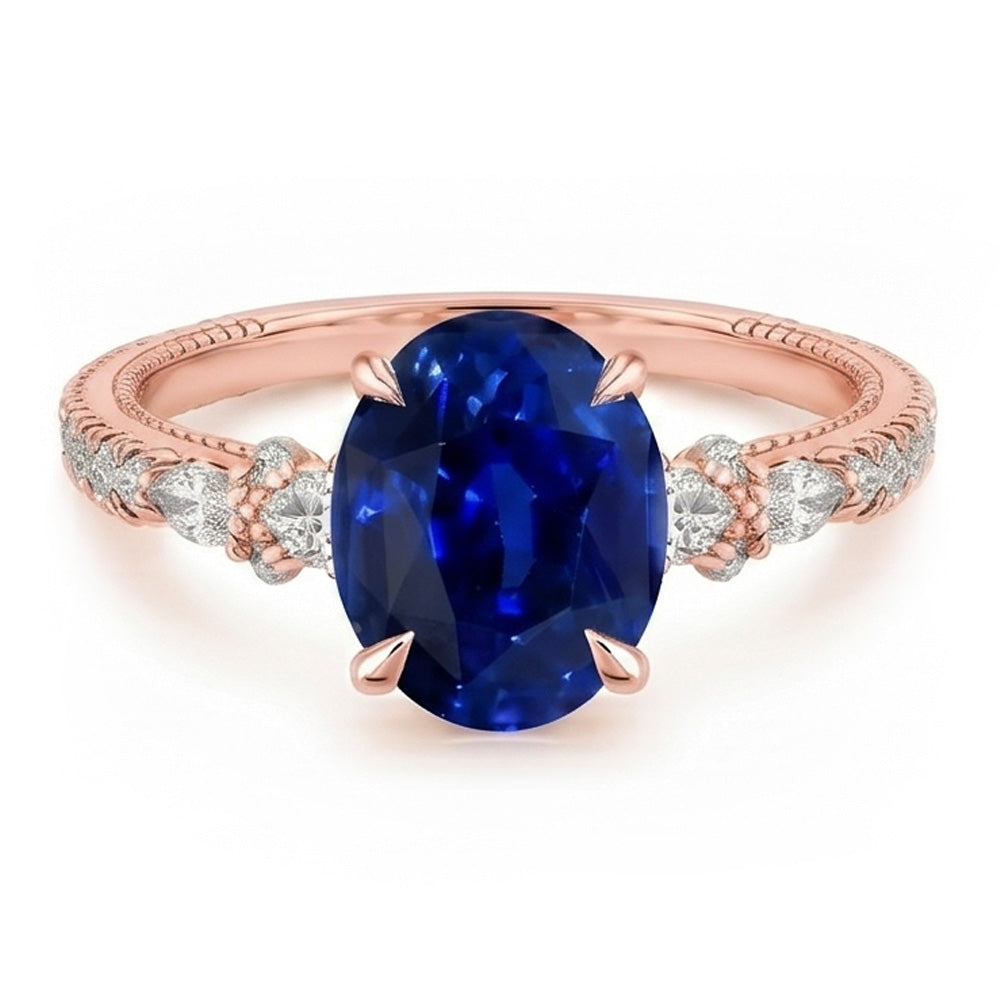 Anello Solitario Con Pera Diamanti Naturali Autentici ( non creati in laboratorio ) Accenti Zaffiro Ceylon Ovale 4 Carati