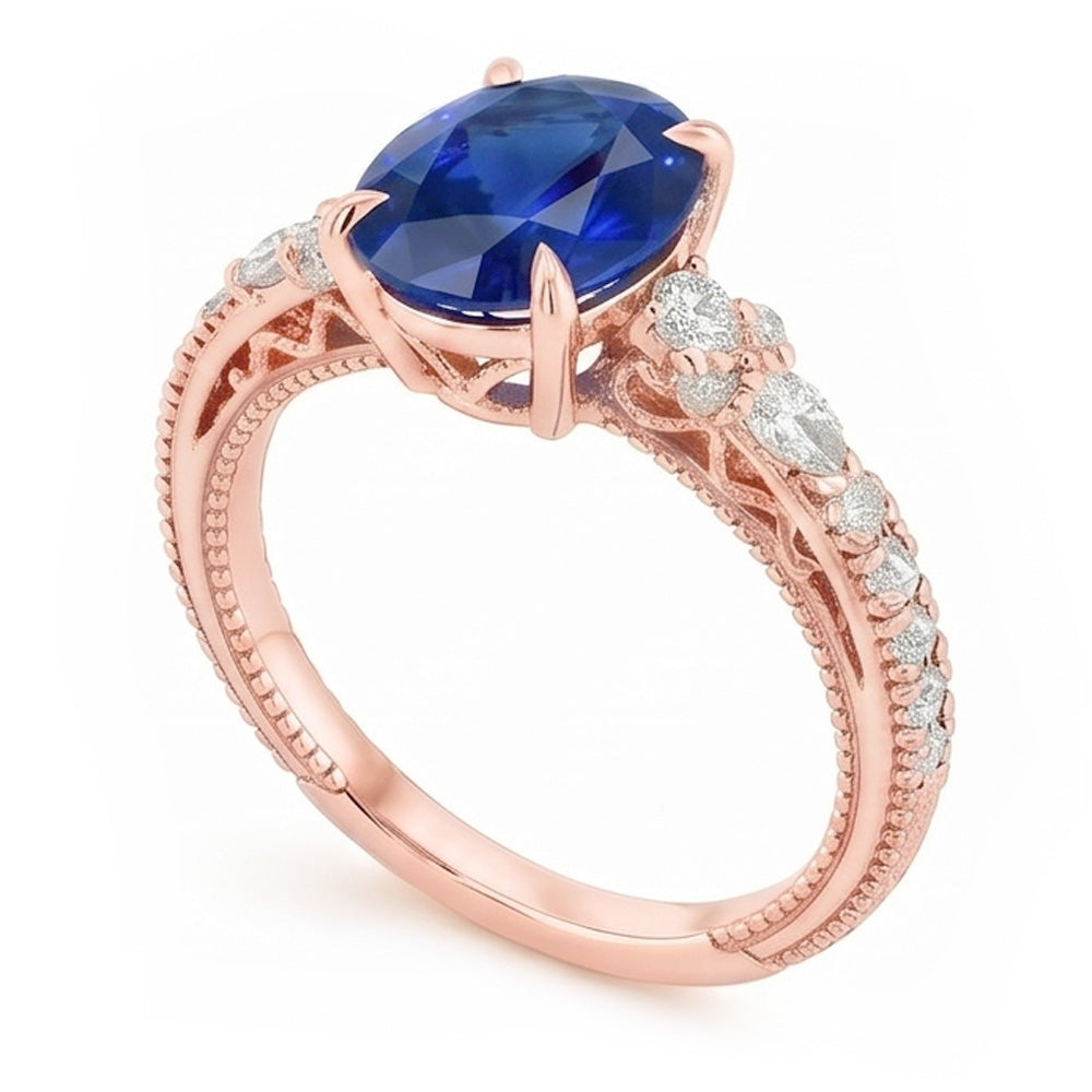 Anello Solitario Con Pera Diamanti Naturali Autentici ( non creati in laboratorio ) Accenti Zaffiro Ceylon Ovale 4 Carati