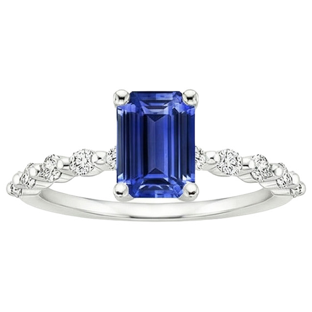 Anello Solitario Con Pietre Laterali Zaffiro Blu & Diamante 4 Carati