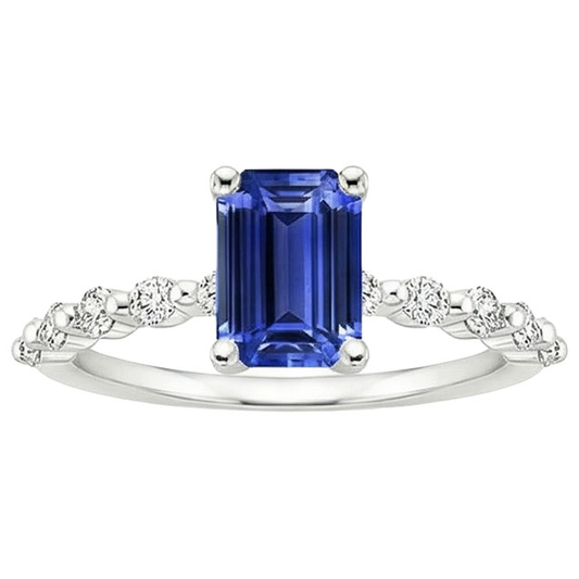Anello Solitario Con Pietre Laterali Zaffiro Blu & Diamante 4 Carati