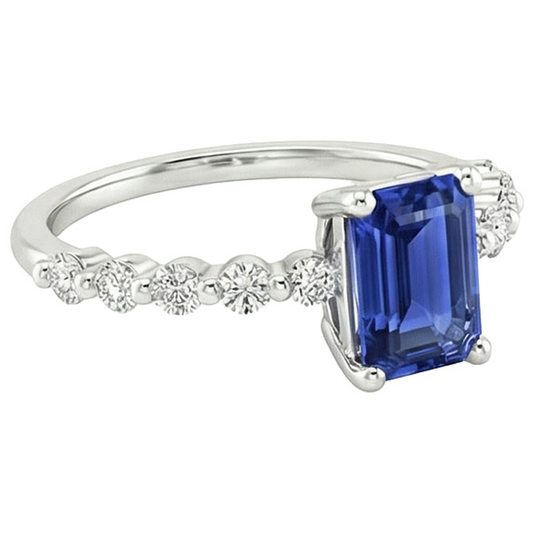 Anello Solitario Con Pietre Laterali Zaffiro Blu & Diamante 4 Carati