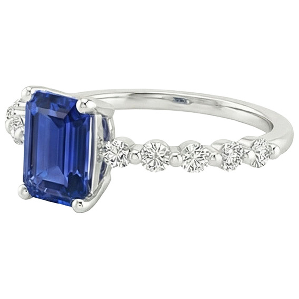 Anello Solitario Con Pietre Laterali Zaffiro Blu & Diamante 4 Carati