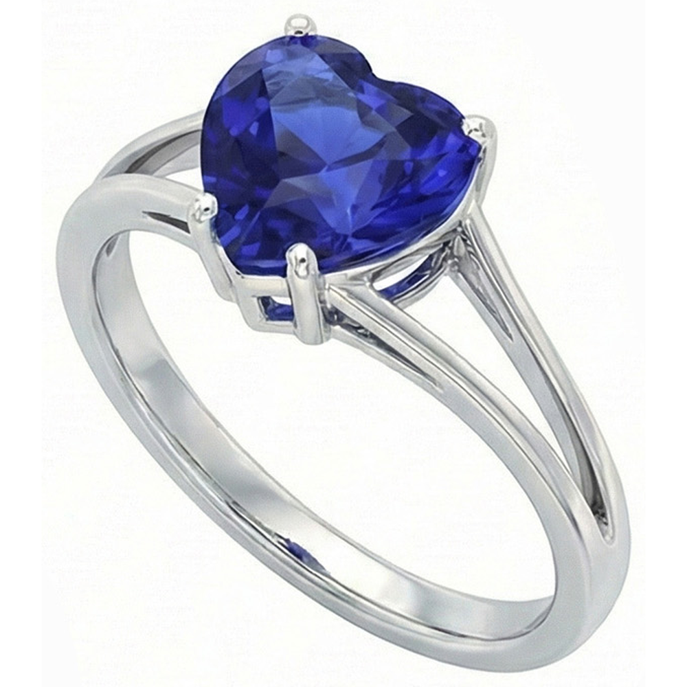 Anello Solitario Cuore Zaffiro di Ceylon 2 Carati Oro 14K con Gambo Spaccato