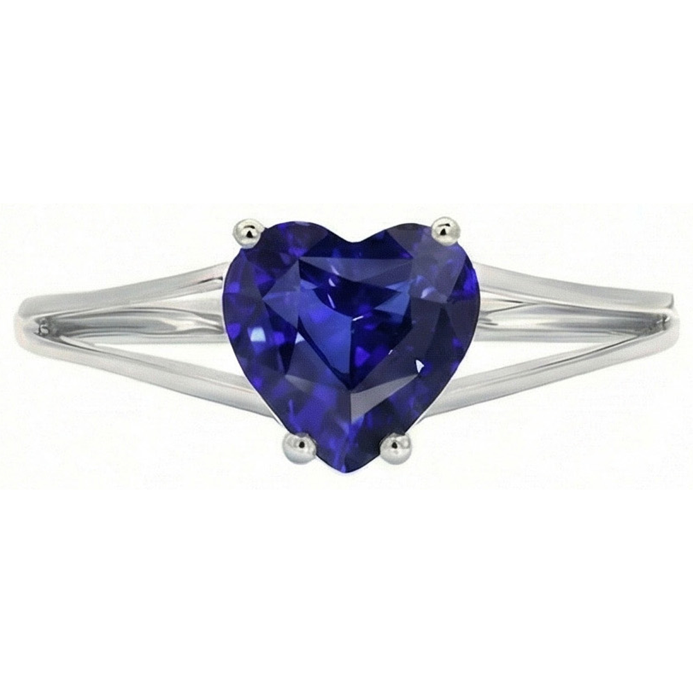 Anello Solitario Cuore Zaffiro di Ceylon 2 Carati Oro 14K con Gambo Spaccato