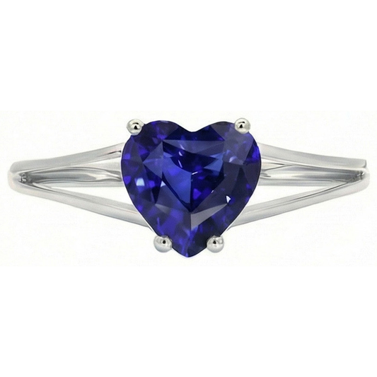Anello Solitario Cuore Zaffiro di Ceylon 2 Carati Oro 14K con Gambo Spaccato