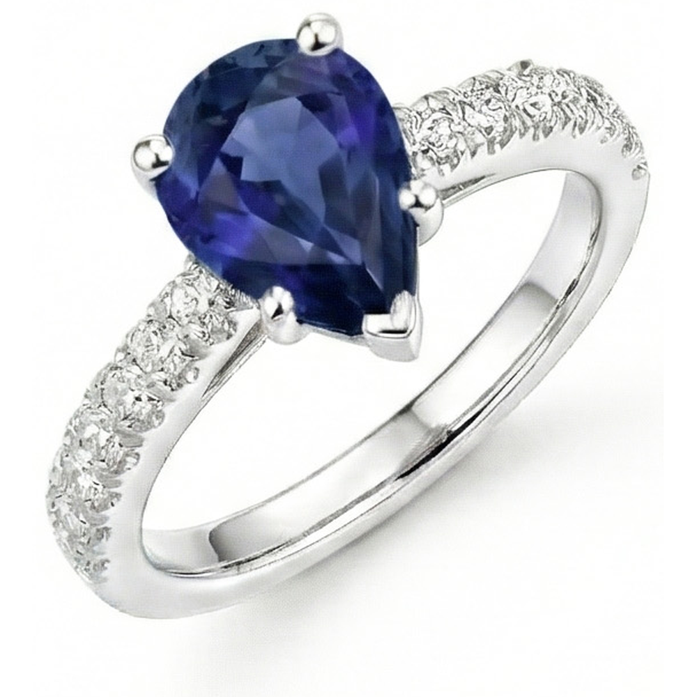 Anello Solitario Diamante Naturale Autentico ( non creato in laboratorio ) Con Accenti Zaffiro Ceylon Taglio Pera 4 Carati