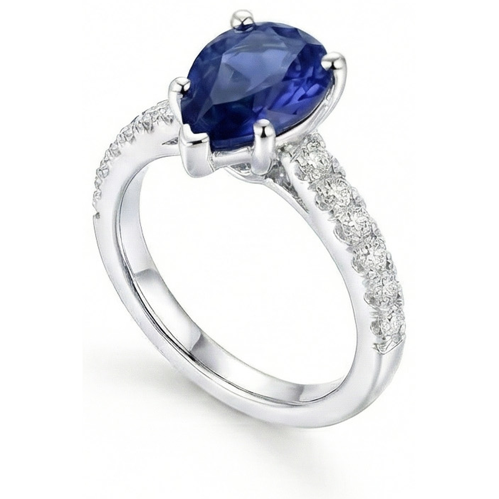 Anello Solitario Diamante Naturale Autentico ( non creato in laboratorio ) Con Accenti Zaffiro Ceylon Taglio Pera 4 Carati