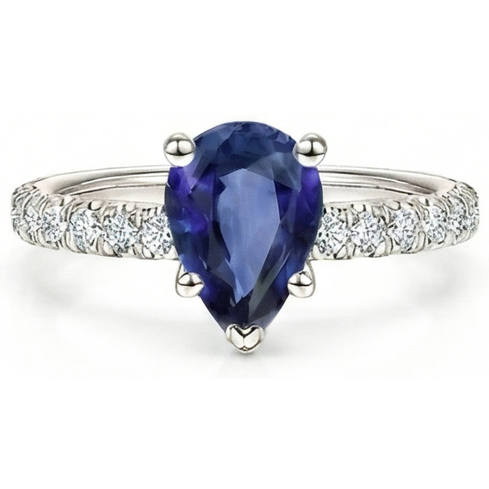 Anello Solitario Diamante Naturale Autentico ( non creato in laboratorio ) Con Accenti Zaffiro Ceylon Taglio Pera 4 Carati