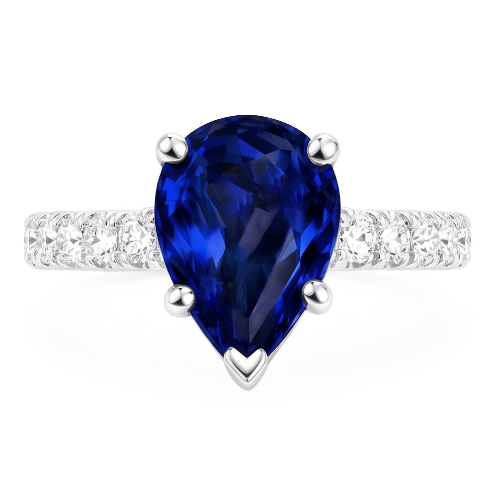 Anello Solitario Diamante Naturale Autentico ( non creato in laboratorio ) Con Accenti Zaffiro Ceylon Taglio Pera 4 Carati